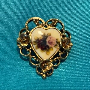 Gold Heart-Shaped Floral Brooch